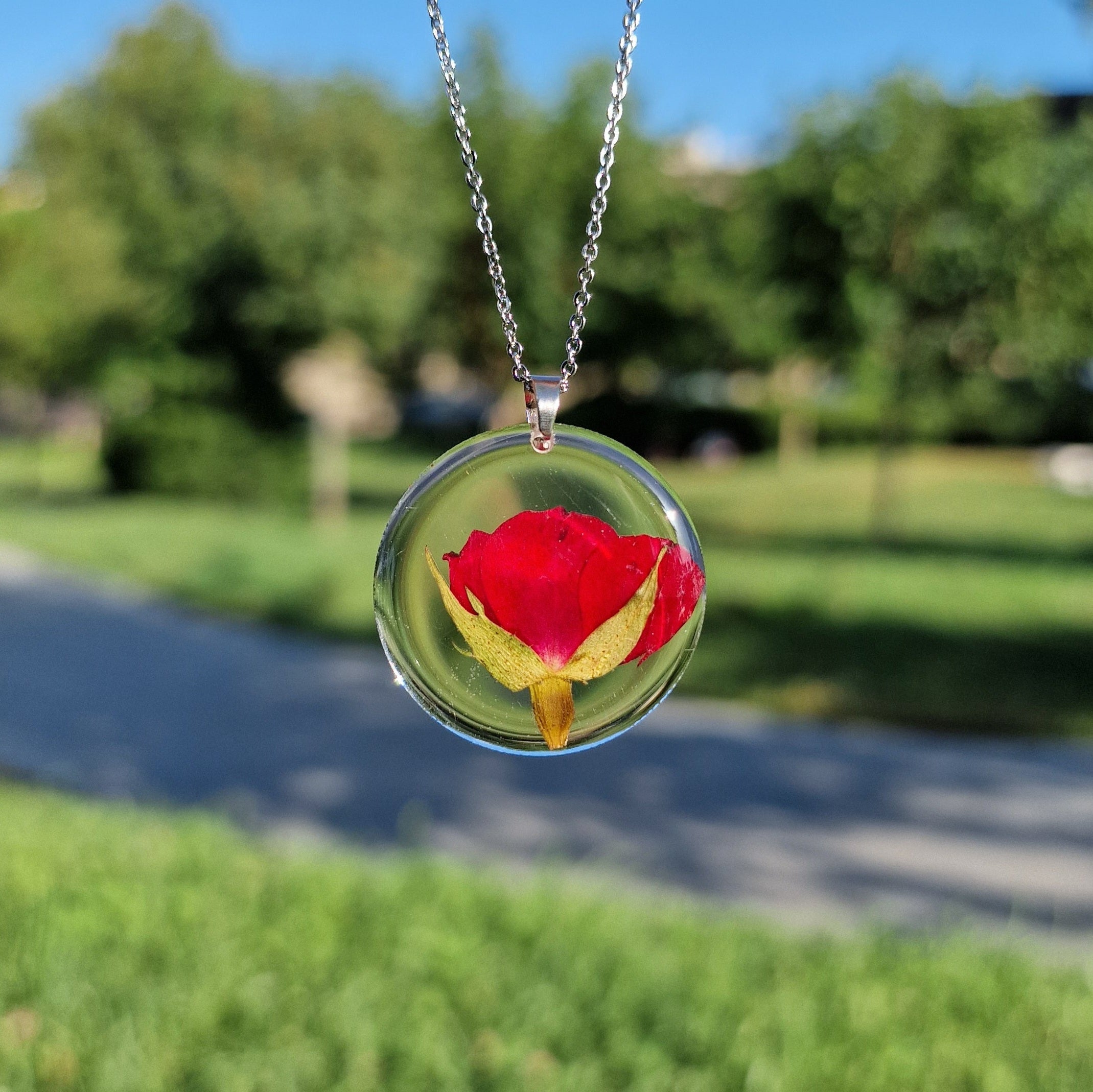 Red rose necklace - Natural dried flower pendant with silver Chain